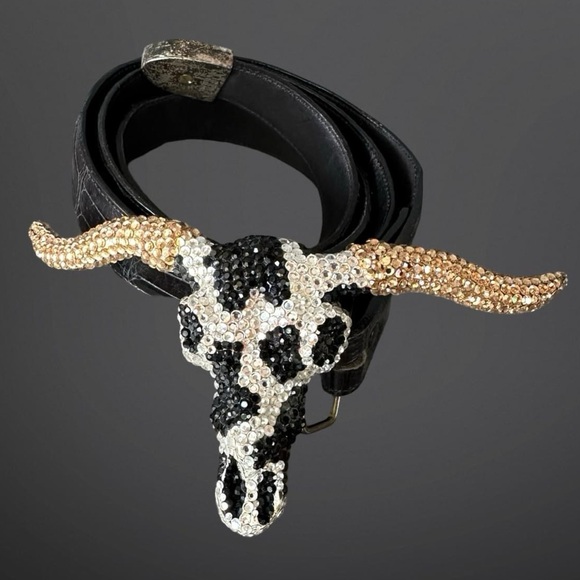 Vintage 80s sequins longhorn bull brass belt buckle by Baron alligator leather - Picture 3 of 8